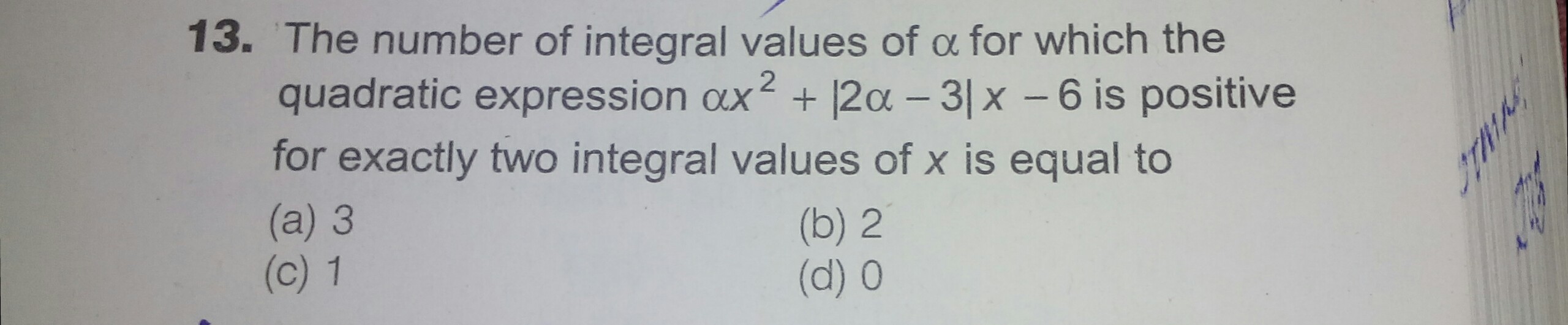 Question image for the number of integral solutions of alpha for whi